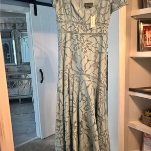 Anthropologie Green and Cream A-Line Maxi Dress V-Neck Sleeveless